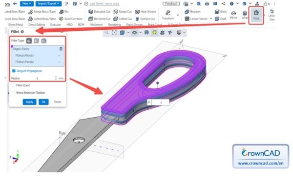 Bước 12: Bo tròn toàn bộ bề mặt bám tay 
