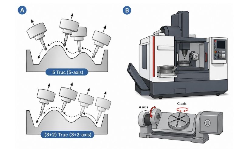 Ưu thế vượt trội của giải pháp phay 5 trục định vị so với 3 trục truyền thống