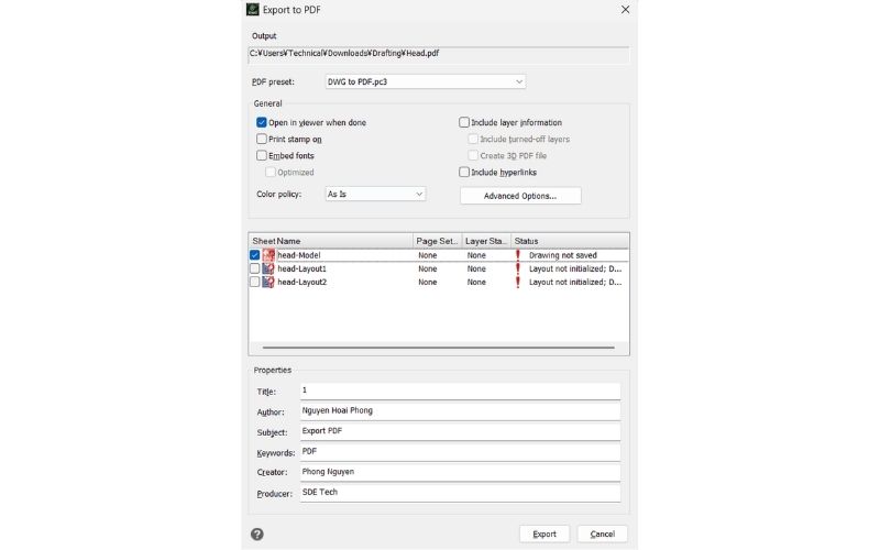 Bước 3: Tùy chỉnh các thông số trong mục Export to PDF