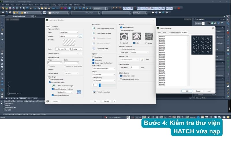 Bước 4: Kiểm tra thư viện HATCH vừa nạp